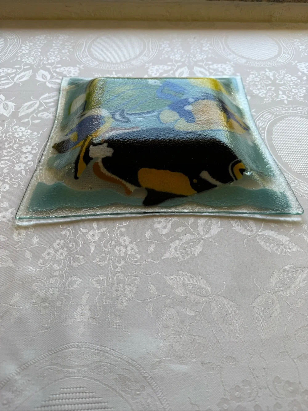 Peggy Karr Fused 12” Glass Multicolor Tropical Fish Decorative Art Plaque Bowl